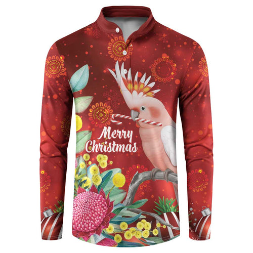 Australia Pink Cockatoo Christmas Button Sweatshirt Aussie Native Flowers Merry Xmas - Red - Aussie Hoodie