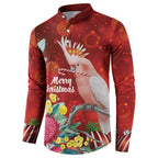 Australia Pink Cockatoo Christmas Button Sweatshirt Aussie Native Flowers Merry Xmas - Red - Aussie Hoodie