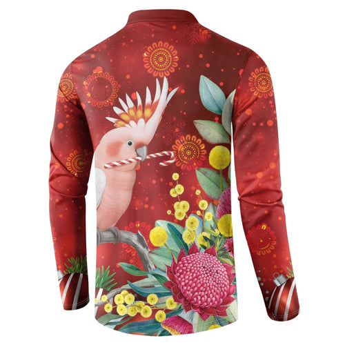 Australia Pink Cockatoo Christmas Button Sweatshirt Aussie Native Flowers Merry Xmas - Red - Aussie Hoodie