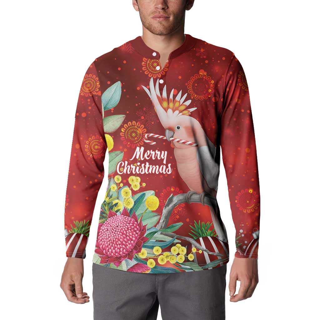 Australia Pink Cockatoo Christmas Button Sweatshirt Aussie Native Flowers Merry Xmas - Red - Aussie Hoodie