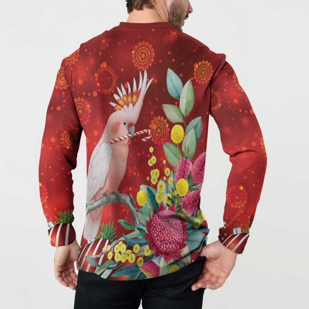 Australia Pink Cockatoo Christmas Button Sweatshirt Aussie Native Flowers Merry Xmas - Red - Aussie Hoodie