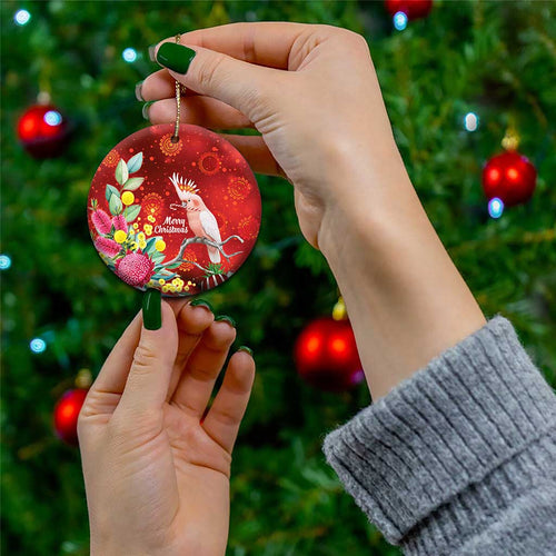Australia Pink Cockatoo Christmas Ceramic Ornament Aussie Native Flowers Merry Xmas - Red - Aussie Hoodie