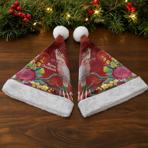 Australia Pink Cockatoo Christmas Santa Hat Aussie Native Flowers Merry Xmas - Red - Aussie Hoodie