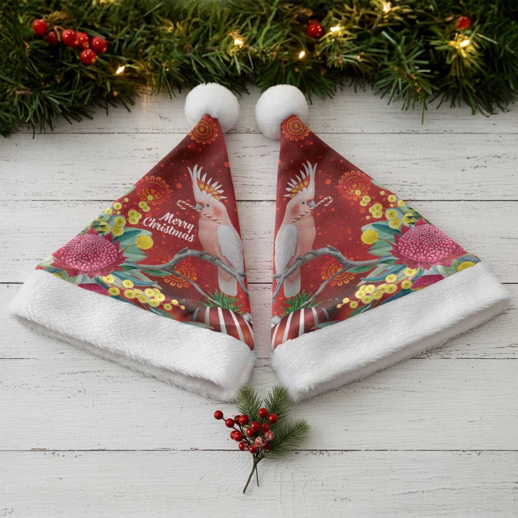 Australia Pink Cockatoo Christmas Santa Hat Aussie Native Flowers Merry Xmas - Red - Aussie Hoodie