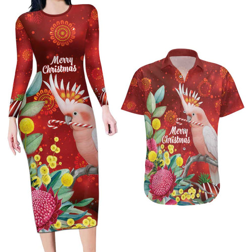 Australia Pink Cockatoo Christmas Couples Matching Long Sleeve Bodycon Dress and Hawaiian Shirt Aussie Native Flowers Merry Xmas - Red - Aussie Hoodie