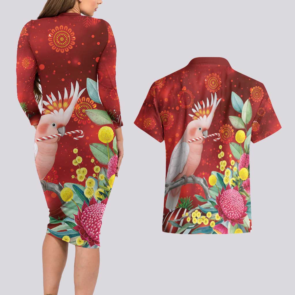 Australia Pink Cockatoo Christmas Couples Matching Long Sleeve Bodycon Dress and Hawaiian Shirt Aussie Native Flowers Merry Xmas - Red - Aussie Hoodie