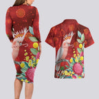 Australia Pink Cockatoo Christmas Couples Matching Long Sleeve Bodycon Dress and Hawaiian Shirt Aussie Native Flowers Merry Xmas - Red - Aussie Hoodie