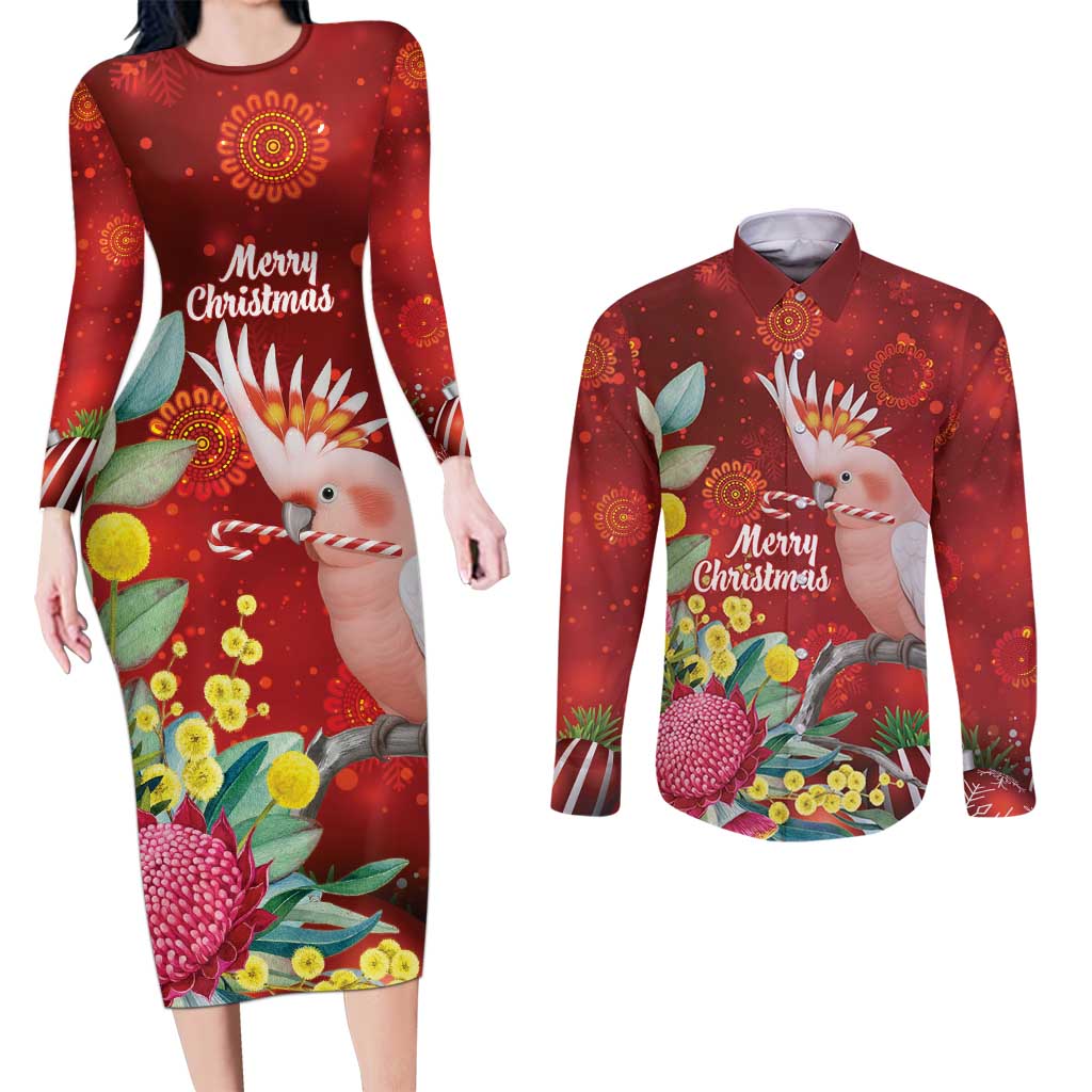 Australia Pink Cockatoo Christmas Couples Matching Long Sleeve Bodycon Dress and Long Sleeve Button Shirt Aussie Native Flowers Merry Xmas - Red - Aussie Hoodie