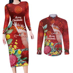 Australia Pink Cockatoo Christmas Couples Matching Long Sleeve Bodycon Dress and Long Sleeve Button Shirt Aussie Native Flowers Merry Xmas - Red - Aussie Hoodie