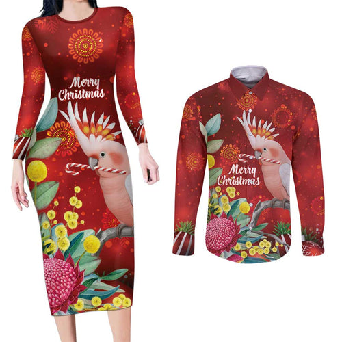 Australia Pink Cockatoo Christmas Couples Matching Long Sleeve Bodycon Dress and Long Sleeve Button Shirt Aussie Native Flowers Merry Xmas - Red - Aussie Hoodie