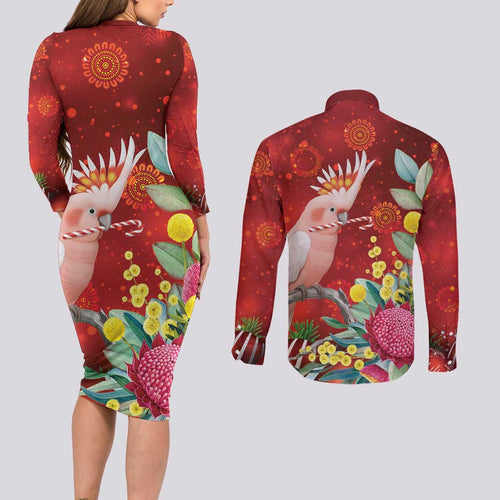 Australia Pink Cockatoo Christmas Couples Matching Long Sleeve Bodycon Dress and Long Sleeve Button Shirt Aussie Native Flowers Merry Xmas - Red - Aussie Hoodie