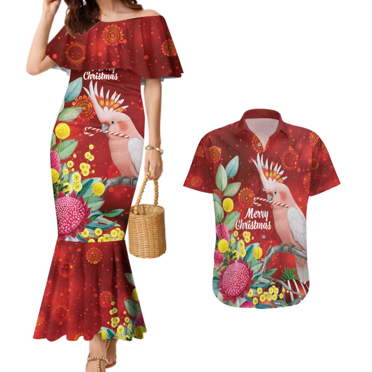 Australia Pink Cockatoo Christmas Couples Matching Mermaid Dress and Hawaiian Shirt Aussie Native Flowers Merry Xmas - Red - Aussie Hoodie