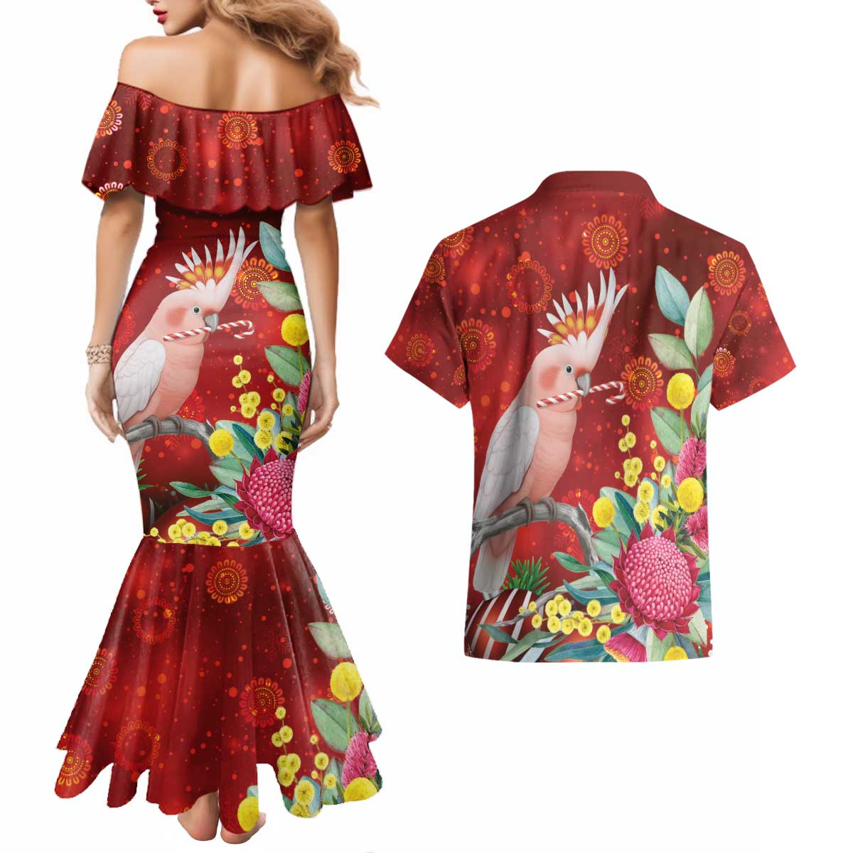 Australia Pink Cockatoo Christmas Couples Matching Mermaid Dress and Hawaiian Shirt Aussie Native Flowers Merry Xmas - Red - Aussie Hoodie