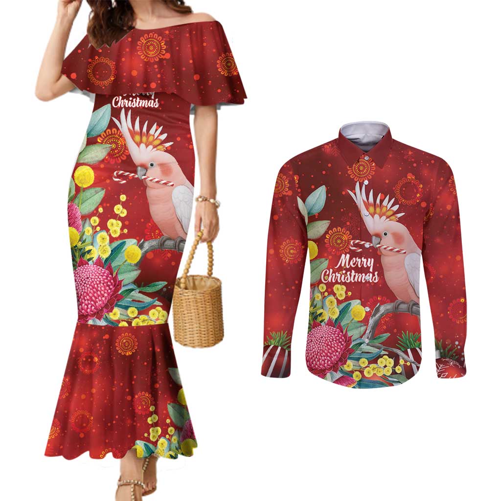 Australia Pink Cockatoo Christmas Couples Matching Mermaid Dress and Long Sleeve Button Shirt Aussie Native Flowers Merry Xmas - Red - Aussie Hoodie