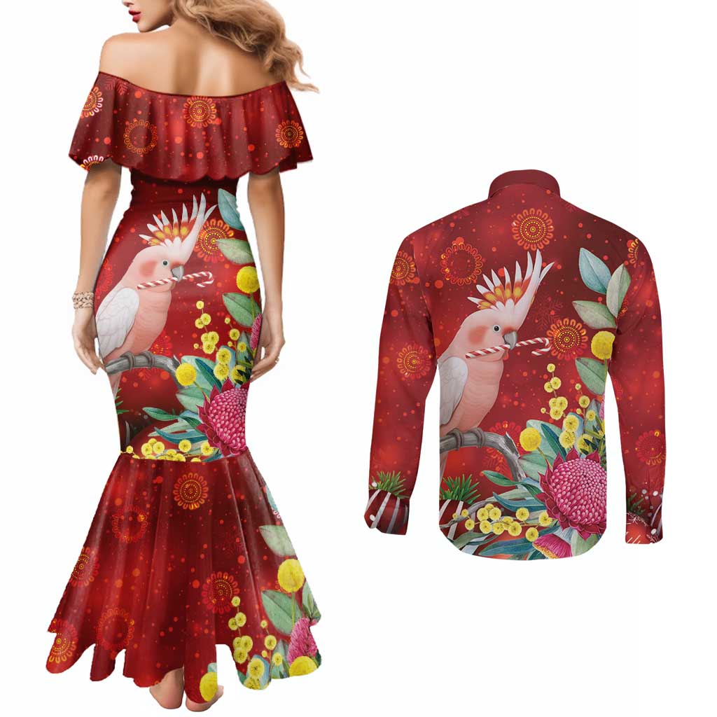 Australia Pink Cockatoo Christmas Couples Matching Mermaid Dress and Long Sleeve Button Shirt Aussie Native Flowers Merry Xmas - Red - Aussie Hoodie