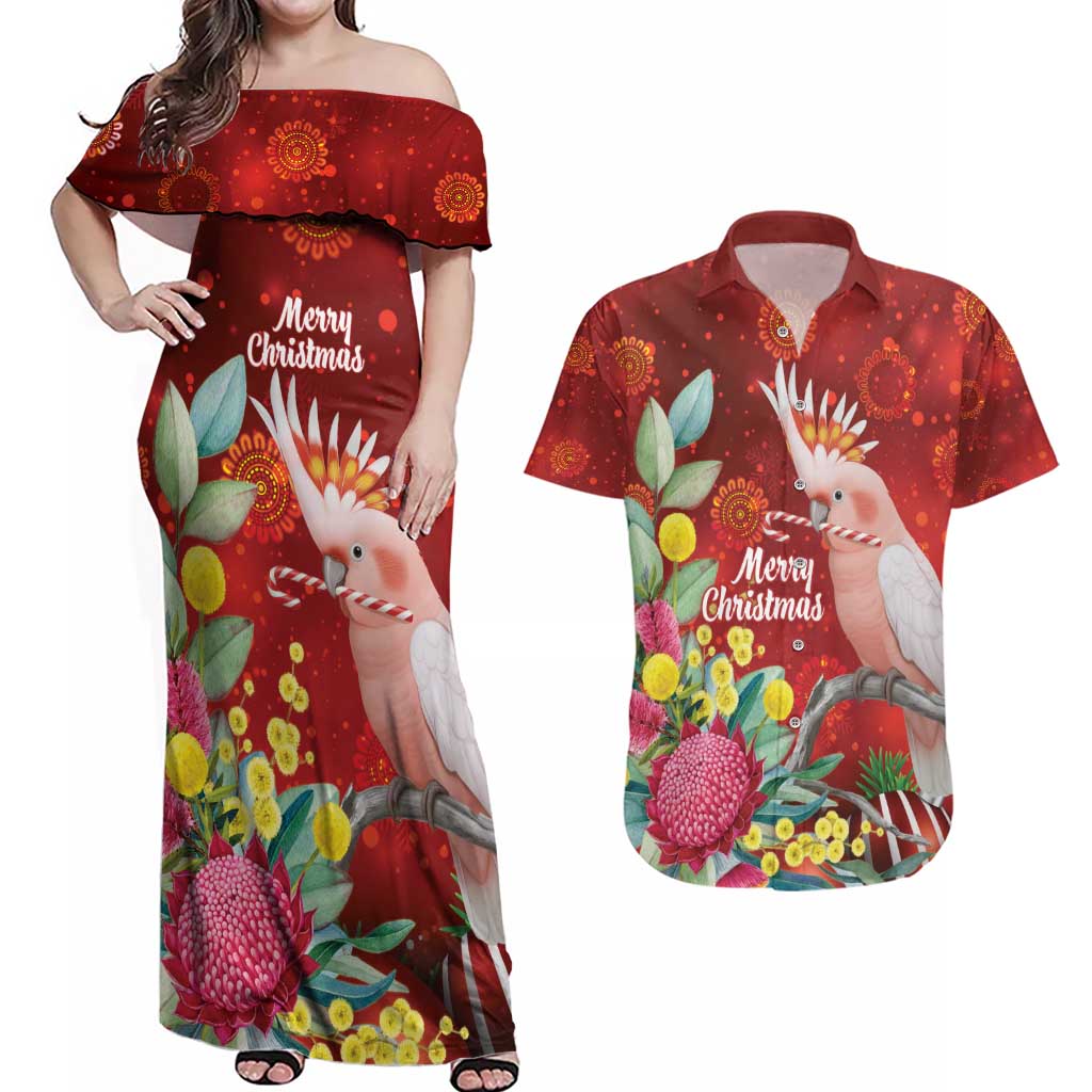 Australia Pink Cockatoo Christmas Couples Matching Off Shoulder Maxi Dress and Hawaiian Shirt Aussie Native Flowers Merry Xmas - Red - Aussie Hoodie