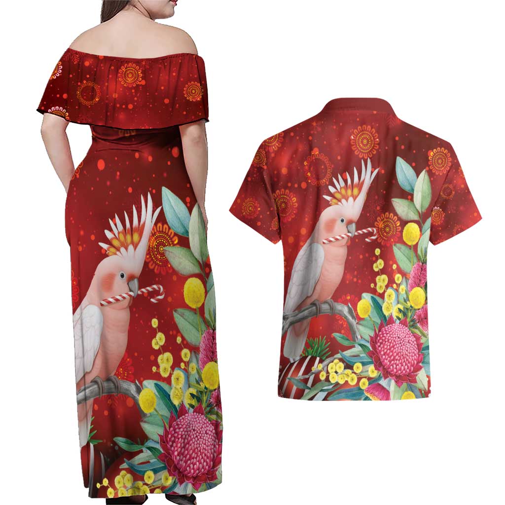 Australia Pink Cockatoo Christmas Couples Matching Off Shoulder Maxi Dress and Hawaiian Shirt Aussie Native Flowers Merry Xmas - Red - Aussie Hoodie