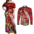 Australia Pink Cockatoo Christmas Couples Matching Off Shoulder Maxi Dress and Long Sleeve Button Shirt Aussie Native Flowers Merry Xmas - Red - Aussie Hoodie