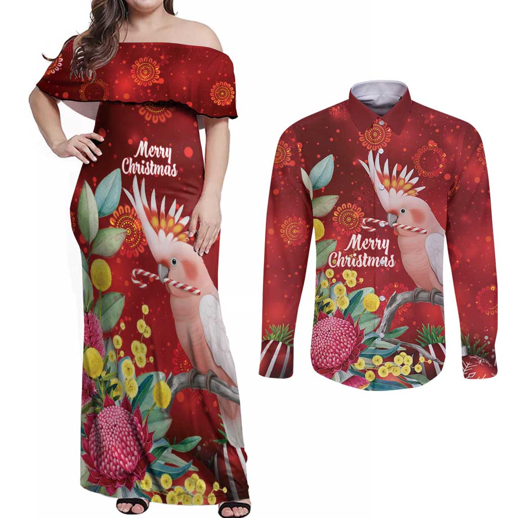 Australia Pink Cockatoo Christmas Couples Matching Off Shoulder Maxi Dress and Long Sleeve Button Shirt Aussie Native Flowers Merry Xmas - Red - Aussie Hoodie