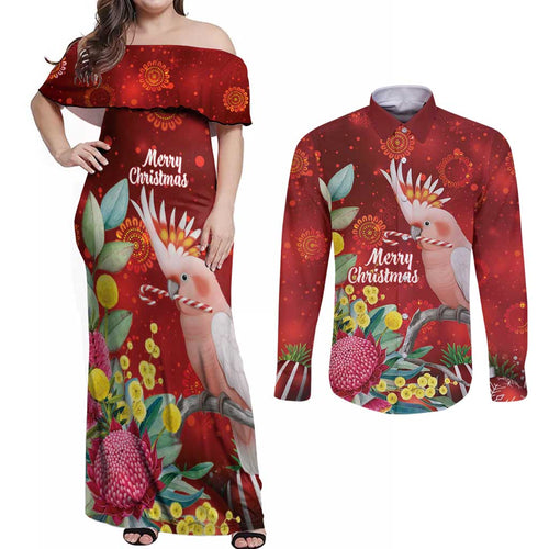 Australia Pink Cockatoo Christmas Couples Matching Off Shoulder Maxi Dress and Long Sleeve Button Shirt Aussie Native Flowers Merry Xmas - Red - Aussie Hoodie