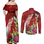 Australia Pink Cockatoo Christmas Couples Matching Off Shoulder Maxi Dress and Long Sleeve Button Shirt Aussie Native Flowers Merry Xmas - Red - Aussie Hoodie