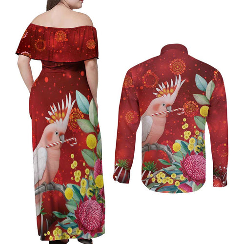 Australia Pink Cockatoo Christmas Couples Matching Off Shoulder Maxi Dress and Long Sleeve Button Shirt Aussie Native Flowers Merry Xmas - Red - Aussie Hoodie