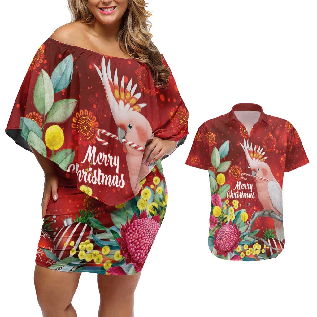 Australia Pink Cockatoo Christmas Couples Matching Off Shoulder Short Dress and Hawaiian Shirt Aussie Native Flowers Merry Xmas - Red - Aussie Hoodie