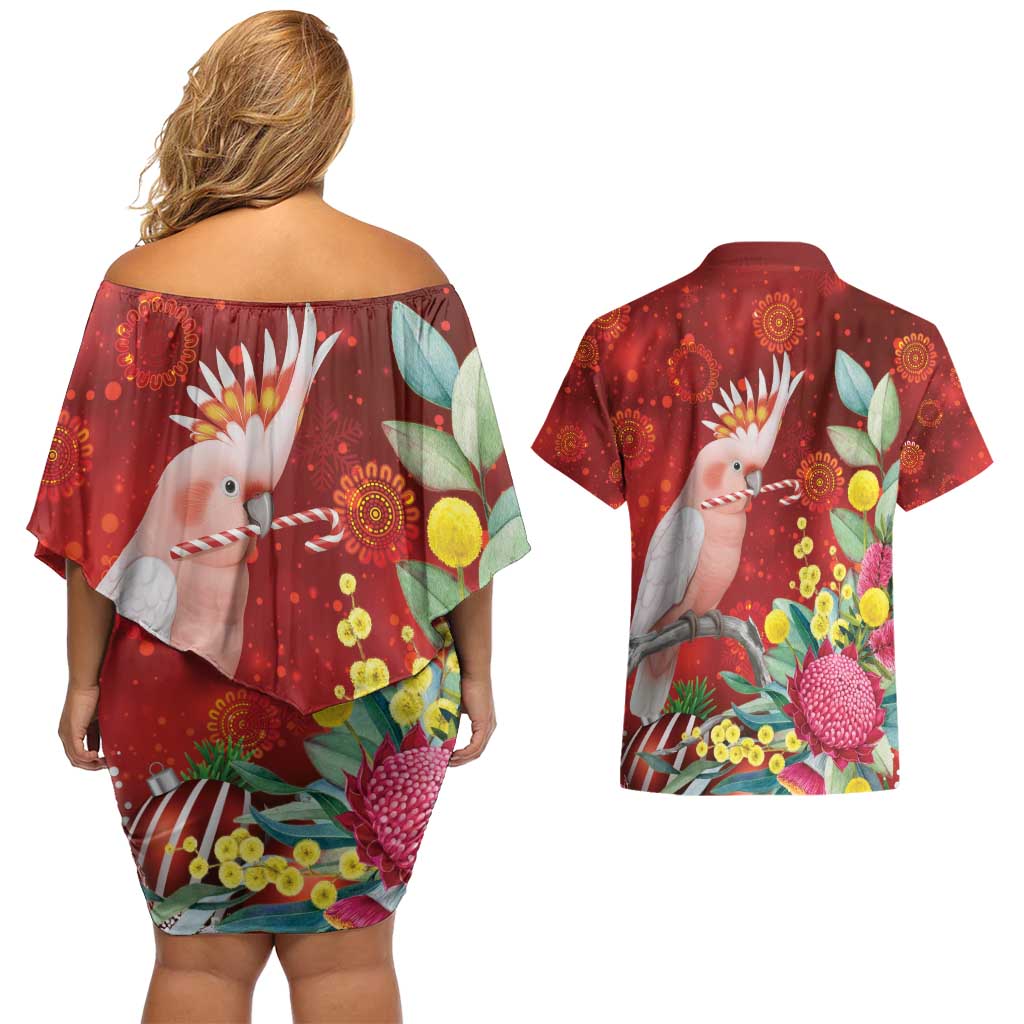 Australia Pink Cockatoo Christmas Couples Matching Off Shoulder Short Dress and Hawaiian Shirt Aussie Native Flowers Merry Xmas - Red - Aussie Hoodie
