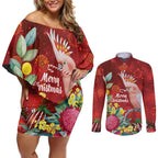 Australia Pink Cockatoo Christmas Couples Matching Off Shoulder Short Dress and Long Sleeve Button Shirt Aussie Native Flowers Merry Xmas - Red - Aussie Hoodie