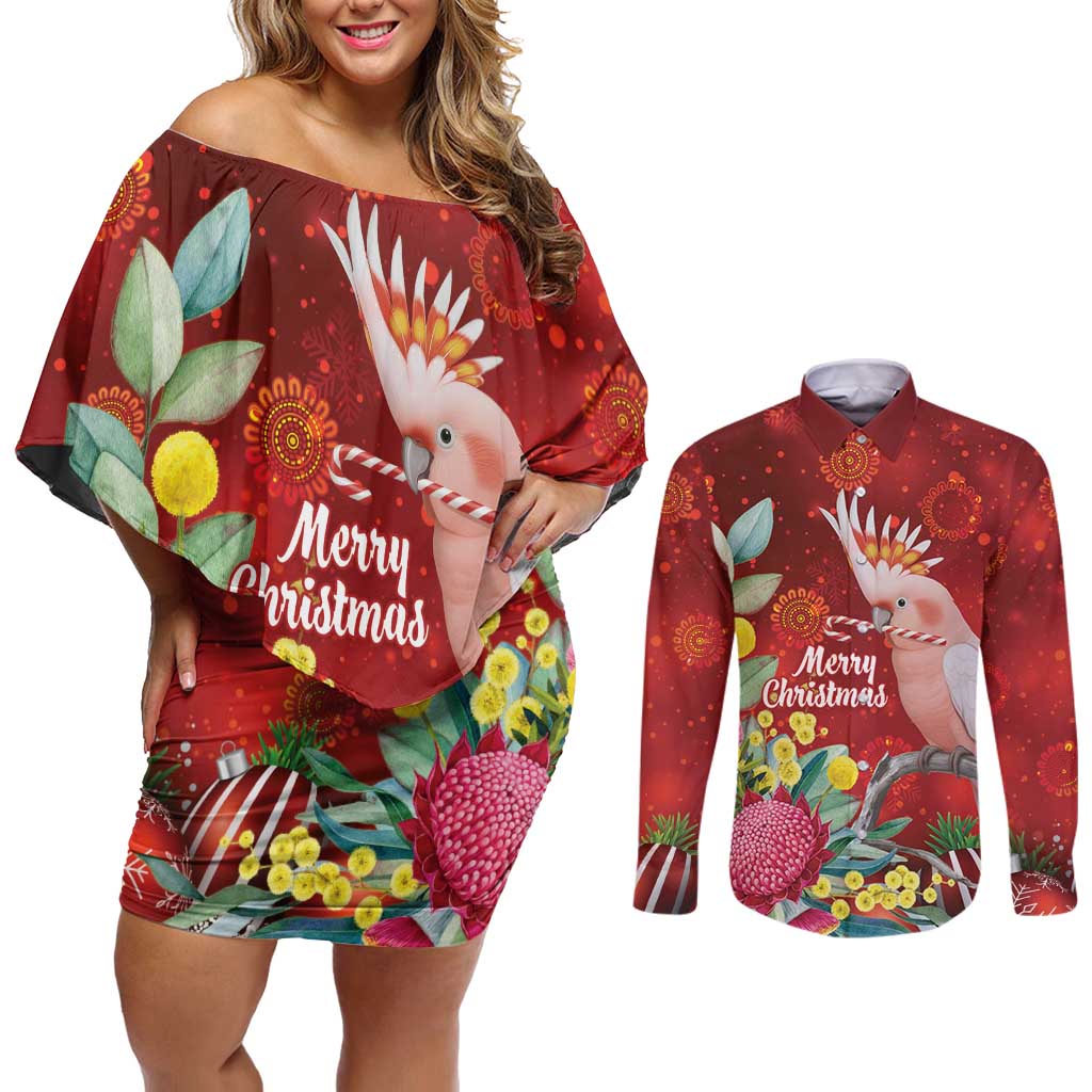Australia Pink Cockatoo Christmas Couples Matching Off Shoulder Short Dress and Long Sleeve Button Shirt Aussie Native Flowers Merry Xmas - Red - Aussie Hoodie