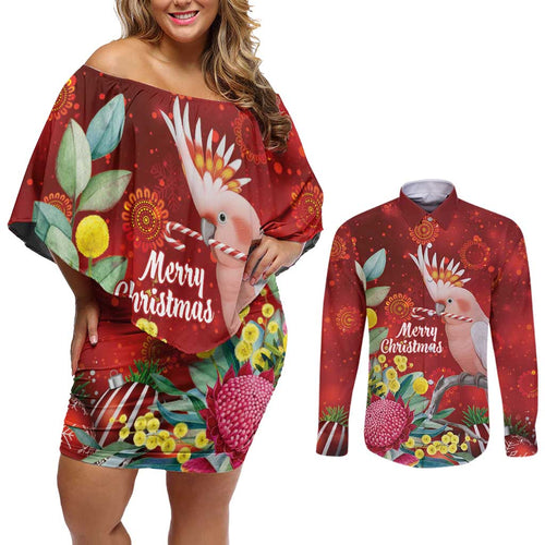 Australia Pink Cockatoo Christmas Couples Matching Off Shoulder Short Dress and Long Sleeve Button Shirt Aussie Native Flowers Merry Xmas - Red - Aussie Hoodie