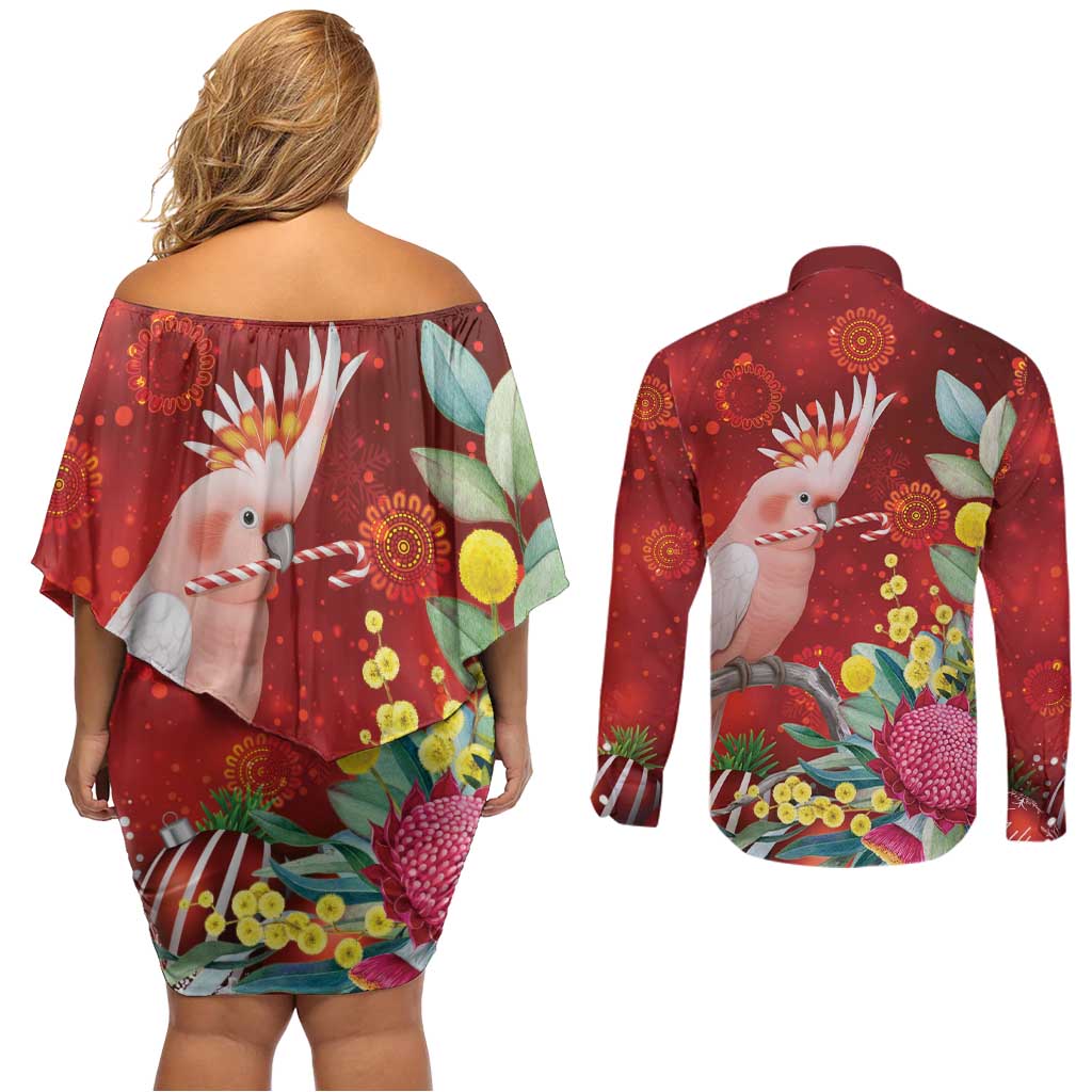Australia Pink Cockatoo Christmas Couples Matching Off Shoulder Short Dress and Long Sleeve Button Shirt Aussie Native Flowers Merry Xmas - Red - Aussie Hoodie