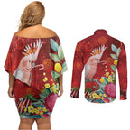 Australia Pink Cockatoo Christmas Couples Matching Off Shoulder Short Dress and Long Sleeve Button Shirt Aussie Native Flowers Merry Xmas - Red - Aussie Hoodie