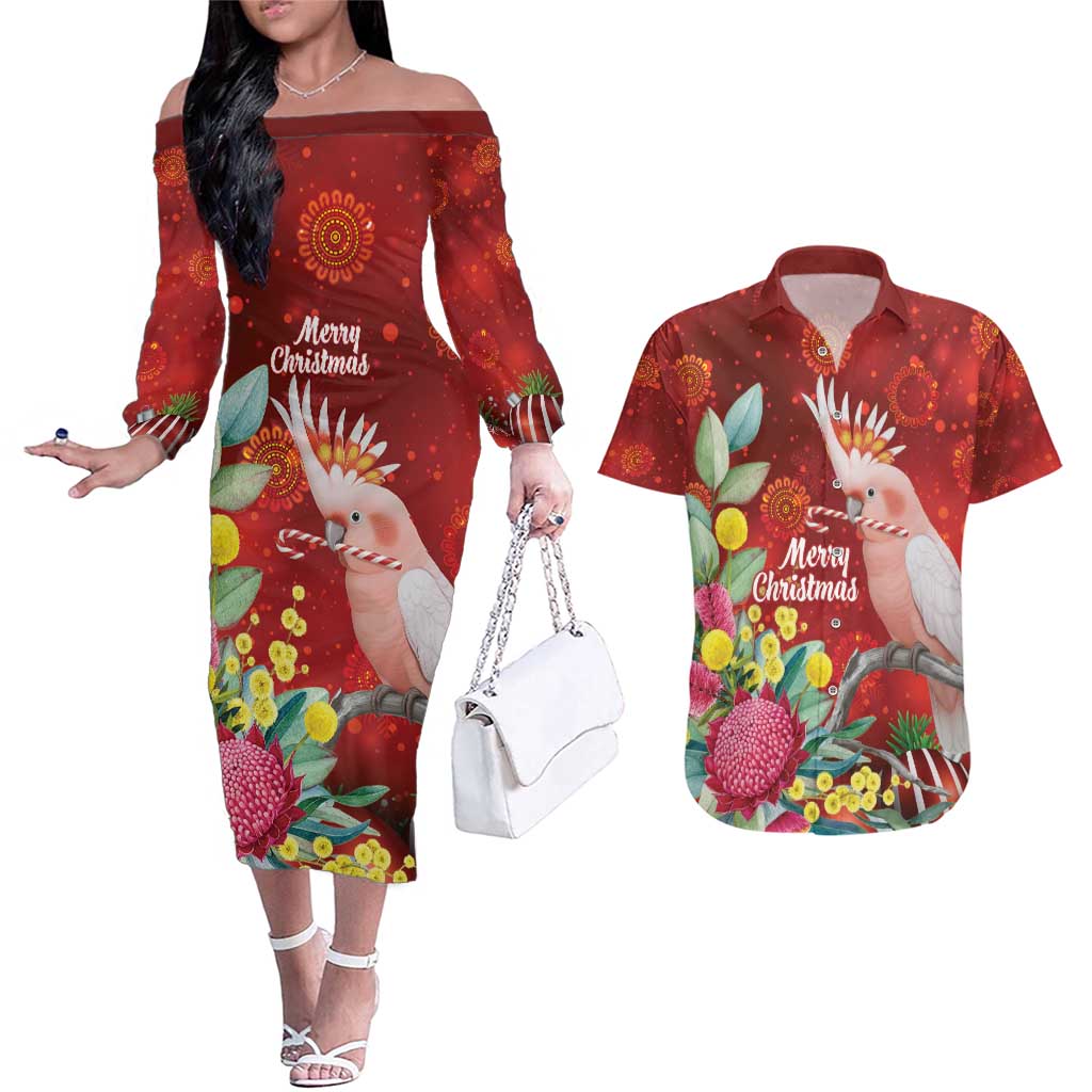 Australia Pink Cockatoo Christmas Couples Matching Off The Shoulder Long Sleeve Dress and Hawaiian Shirt Aussie Native Flowers Merry Xmas - Red - Aussie Hoodie