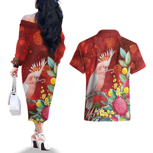 Australia Pink Cockatoo Christmas Couples Matching Off The Shoulder Long Sleeve Dress and Hawaiian Shirt Aussie Native Flowers Merry Xmas - Red - Aussie Hoodie