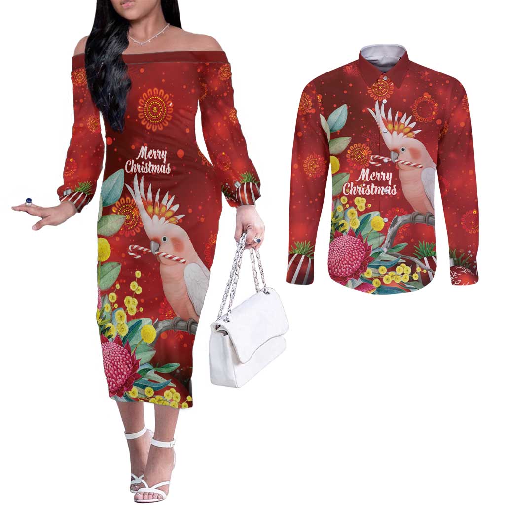 Australia Pink Cockatoo Christmas Couples Matching Off The Shoulder Long Sleeve Dress and Long Sleeve Button Shirt Aussie Native Flowers Merry Xmas - Red - Aussie Hoodie