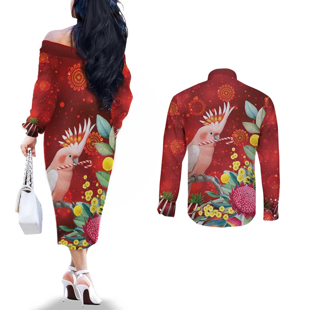 Australia Pink Cockatoo Christmas Couples Matching Off The Shoulder Long Sleeve Dress and Long Sleeve Button Shirt Aussie Native Flowers Merry Xmas - Red - Aussie Hoodie