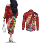 Australia Pink Cockatoo Christmas Couples Matching Off The Shoulder Long Sleeve Dress and Long Sleeve Button Shirt Aussie Native Flowers Merry Xmas - Red - Aussie Hoodie