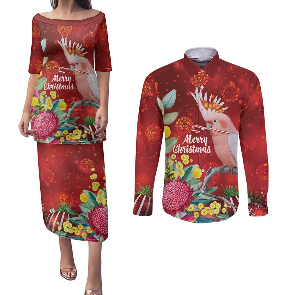 Australia Pink Cockatoo Christmas Couples Matching Puletasi and Long Sleeve Button Shirt Aussie Native Flowers Merry Xmas - Red - Aussie Hoodie