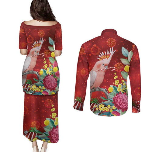 Australia Pink Cockatoo Christmas Couples Matching Puletasi and Long Sleeve Button Shirt Aussie Native Flowers Merry Xmas - Red - Aussie Hoodie