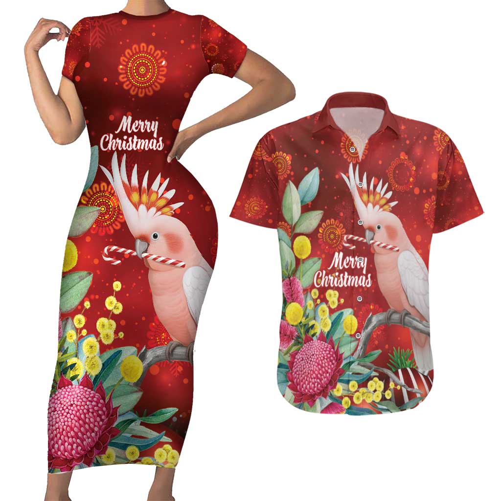 Australia Pink Cockatoo Christmas Couples Matching Short Sleeve Bodycon Dress and Hawaiian Shirt Aussie Native Flowers Merry Xmas - Red - Aussie Hoodie