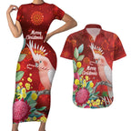 Australia Pink Cockatoo Christmas Couples Matching Short Sleeve Bodycon Dress and Hawaiian Shirt Aussie Native Flowers Merry Xmas - Red - Aussie Hoodie