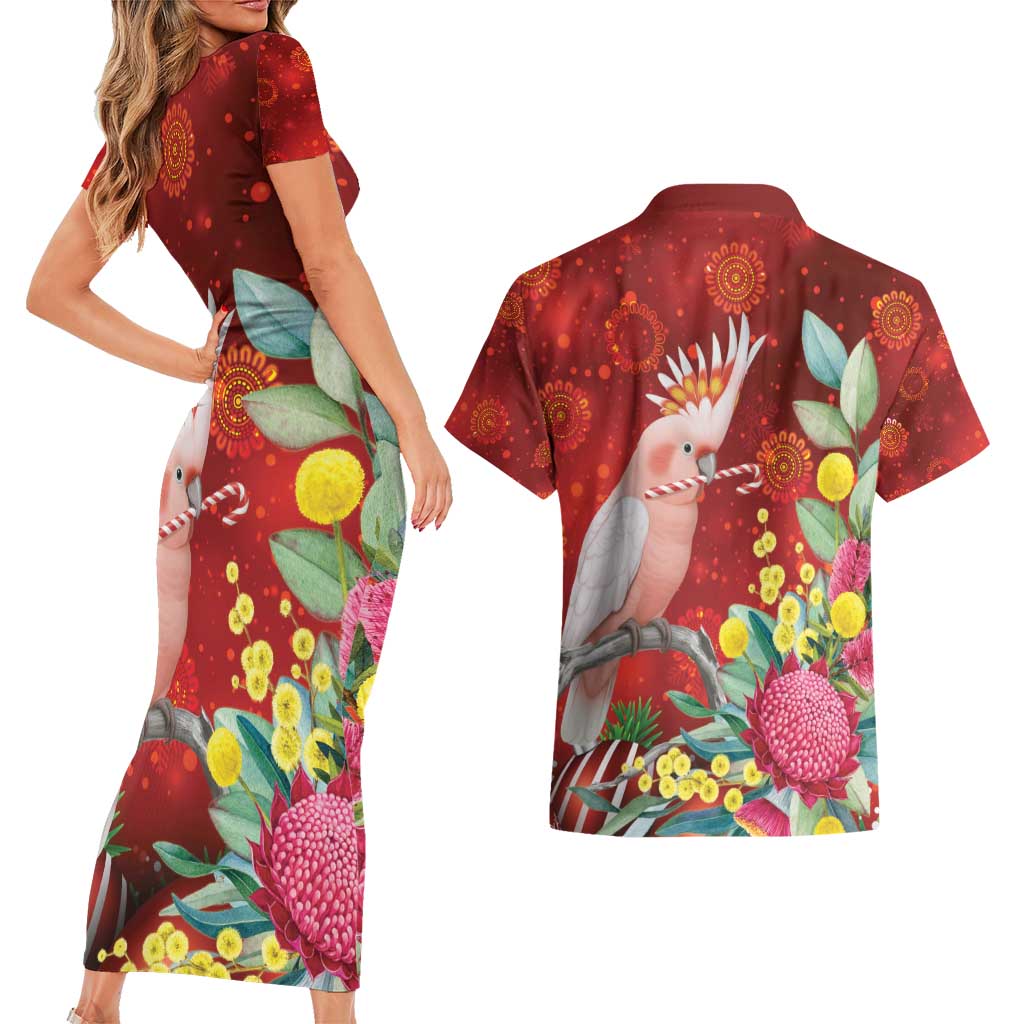 Australia Pink Cockatoo Christmas Couples Matching Short Sleeve Bodycon Dress and Hawaiian Shirt Aussie Native Flowers Merry Xmas - Red - Aussie Hoodie