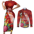 Australia Pink Cockatoo Christmas Couples Matching Short Sleeve Bodycon Dress and Long Sleeve Button Shirt Aussie Native Flowers Merry Xmas - Red - Aussie Hoodie