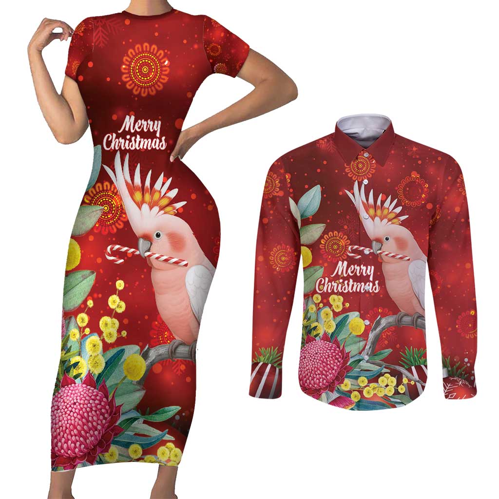Australia Pink Cockatoo Christmas Couples Matching Short Sleeve Bodycon Dress and Long Sleeve Button Shirt Aussie Native Flowers Merry Xmas - Red - Aussie Hoodie