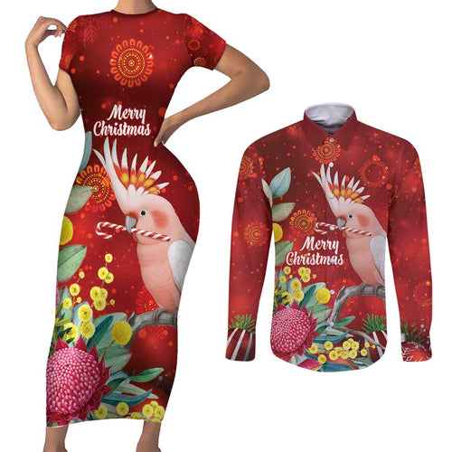 Australia Pink Cockatoo Christmas Couples Matching Short Sleeve Bodycon Dress and Long Sleeve Button Shirt Aussie Native Flowers Merry Xmas - Red - Aussie Hoodie