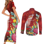 Australia Pink Cockatoo Christmas Couples Matching Short Sleeve Bodycon Dress and Long Sleeve Button Shirt Aussie Native Flowers Merry Xmas - Red - Aussie Hoodie