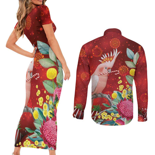 Australia Pink Cockatoo Christmas Couples Matching Short Sleeve Bodycon Dress and Long Sleeve Button Shirt Aussie Native Flowers Merry Xmas - Red - Aussie Hoodie
