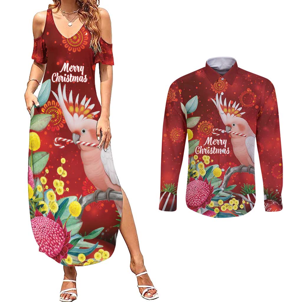 Australia Pink Cockatoo Christmas Couples Matching Summer Maxi Dress and Long Sleeve Button Shirt Aussie Native Flowers Merry Xmas - Red - Aussie Hoodie