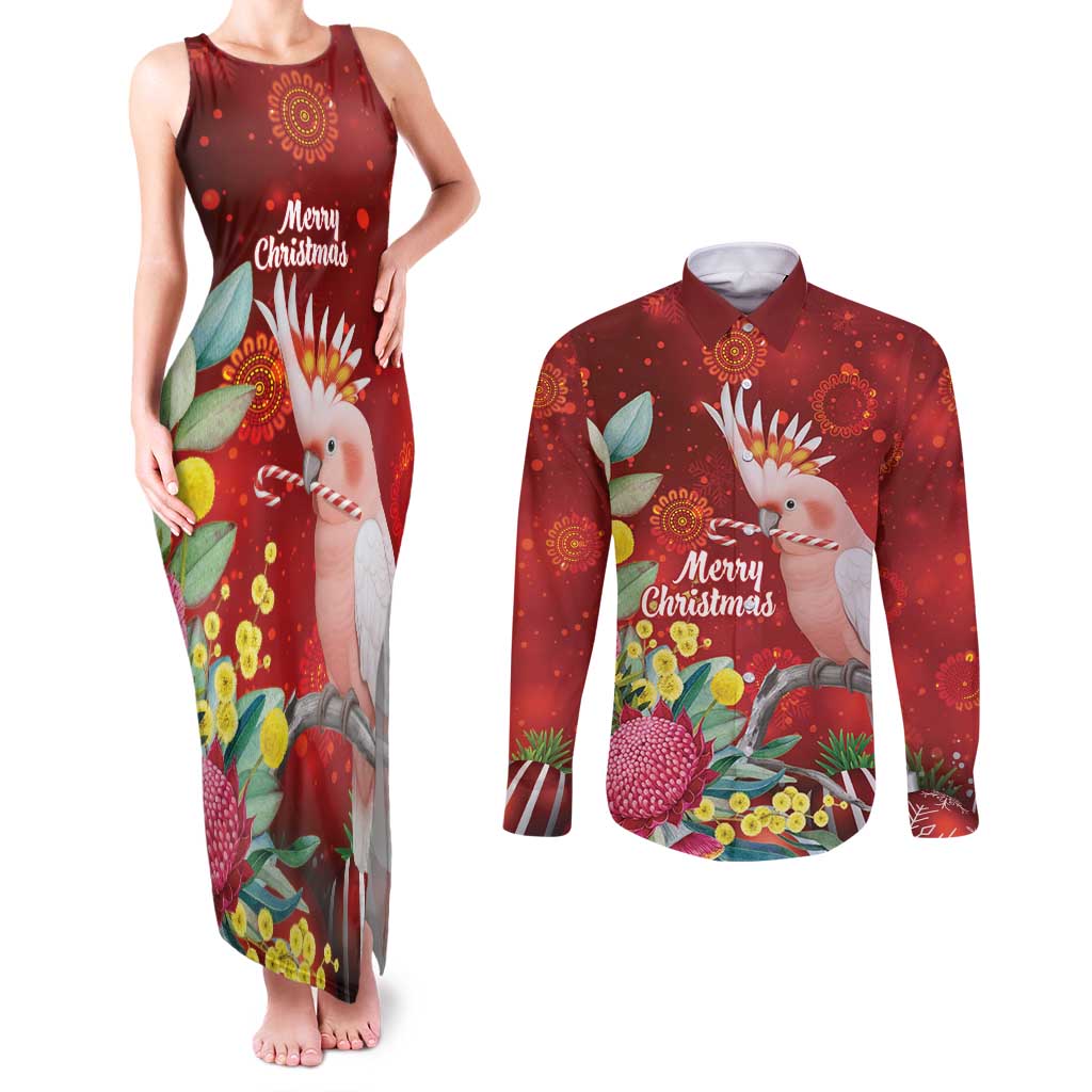 Australia Pink Cockatoo Christmas Couples Matching Tank Maxi Dress and Long Sleeve Button Shirt Aussie Native Flowers Merry Xmas - Red - Aussie Hoodie
